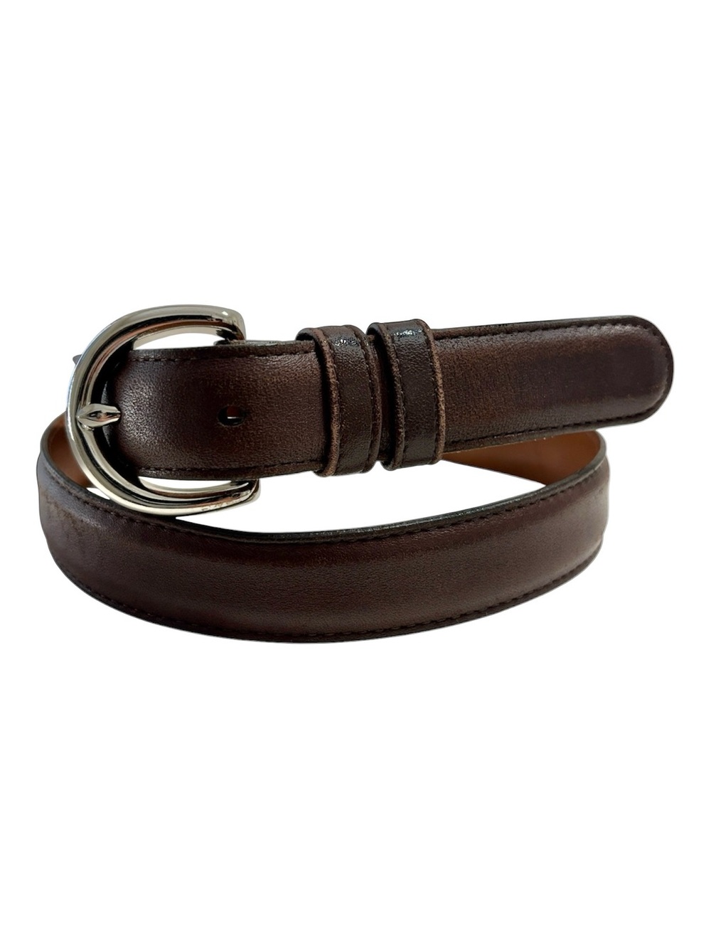 Coach Women's Dark Brown Leather Belt with Rounded Silver Buckle. Size Medium.